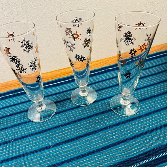 Vtg Federal Glass Atomic Starburst Black Gold Snowflake Pilsner Glasses set of 3 - Picture 5 of 5